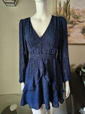 miami Navy Blue V-Neck Long Sleeve Lace Tiered Dress